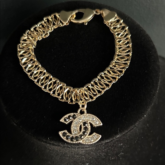 Jewelry - Channel Black & Clear Crystal Charm on Gold Filled Basket Weave Bracelet